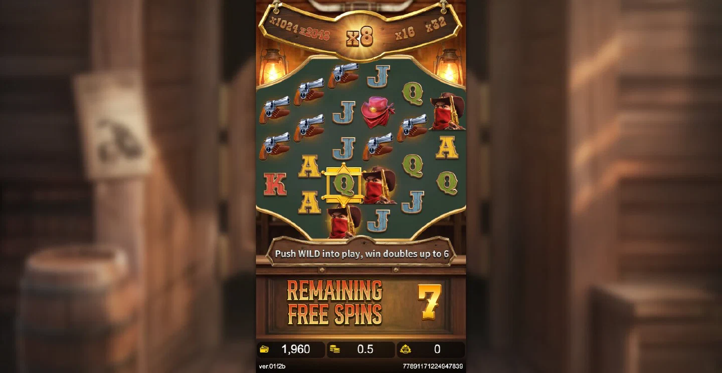 The Wild Bounty Queen 2048 Free Game running with the multiplier ladder at 8x and seven spins left