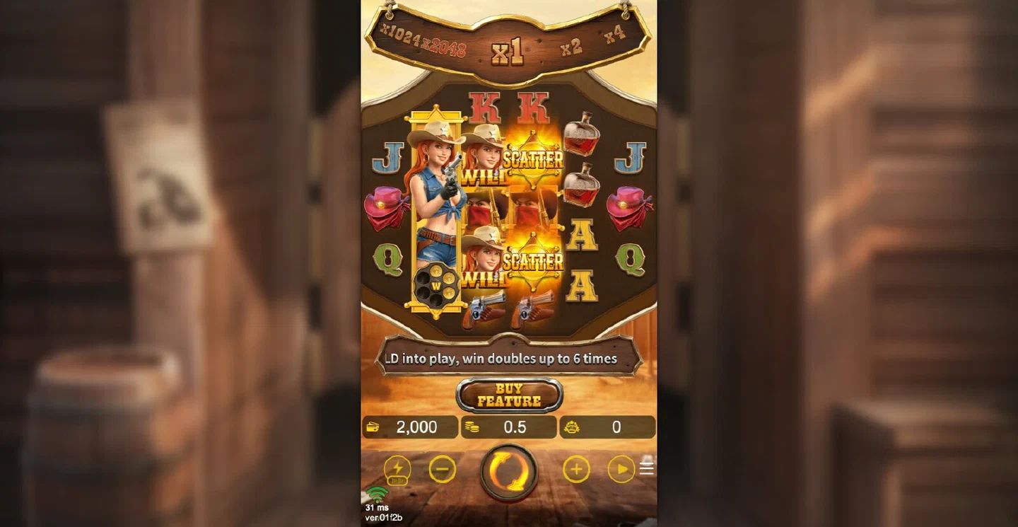 The Wild Bounty Queen 2048 base game with the 3-4-5-5-4-3 grid, the multiplier ladder down the side and the BUY FEATURE button